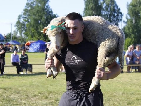 Батыр Сабантуя с традиционным призом — живым бараном